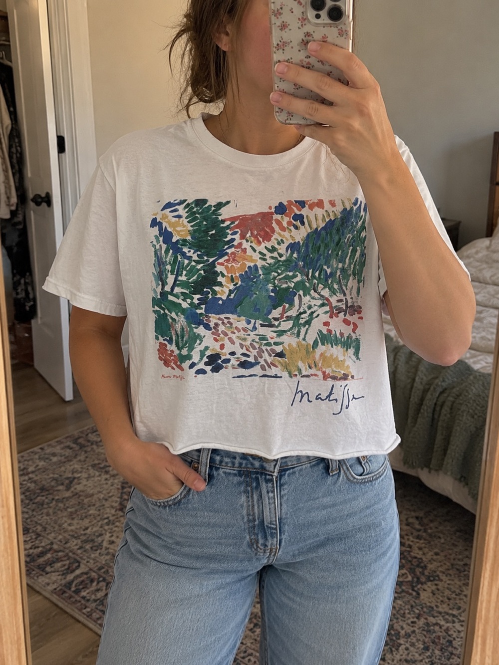 White Cropped Graphic Tee with Multicolor Print